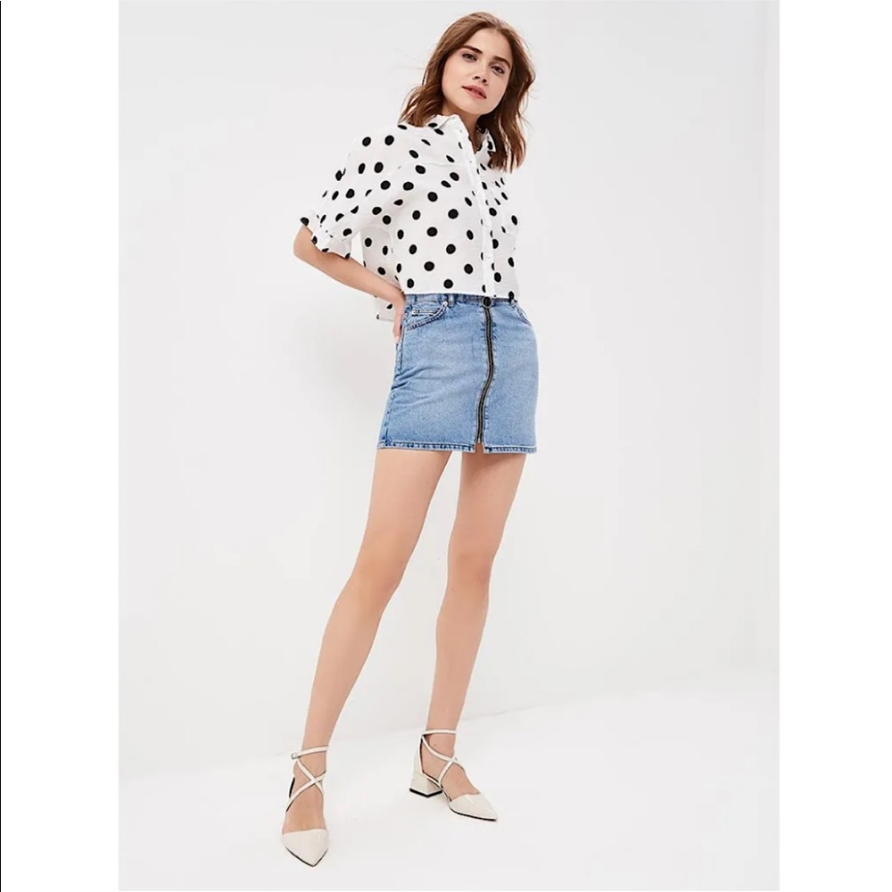 Topshop Moto Blue Denim Light Wash Zip Through Cotton Mini Jean Skirt Size 8